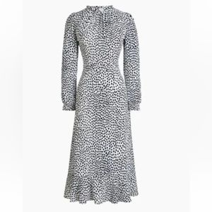 NWT J.Crew Ruffle Neck Peasant Dress White and Blue Leopard Print Knee Midi